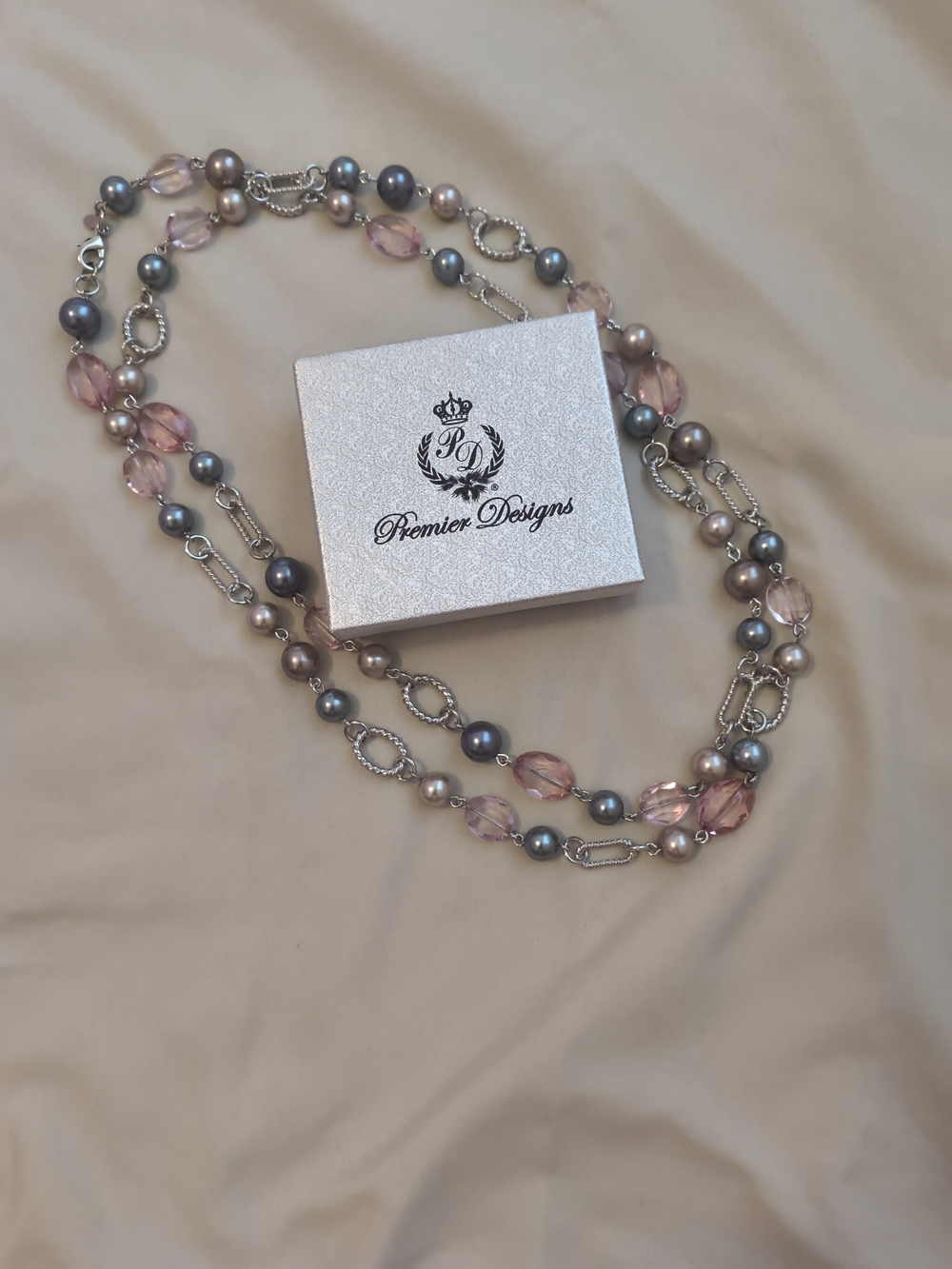 Premier Designs Newport Pink and Gray Multi-Strand Beaded Necklace